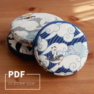 Motif ; Tutoriel PDF du petit sac à main rond à fermeture éclair ; Instructions et modèle étape par étape ; 3 tailles finies différentes ; Petit sac ; sac à fermeture éclair
