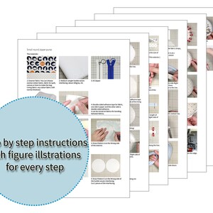 May include: A step-by-step guide with illustrations on how to make a small round zipper purse. The materials needed include fabric, zipper, and double-sided adhesive tape.