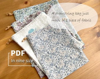 Pattern; PDF tutorial of Drawstring Bag made of just 1 piece of fabric; Step-by-step instruction; 9 finished sizes