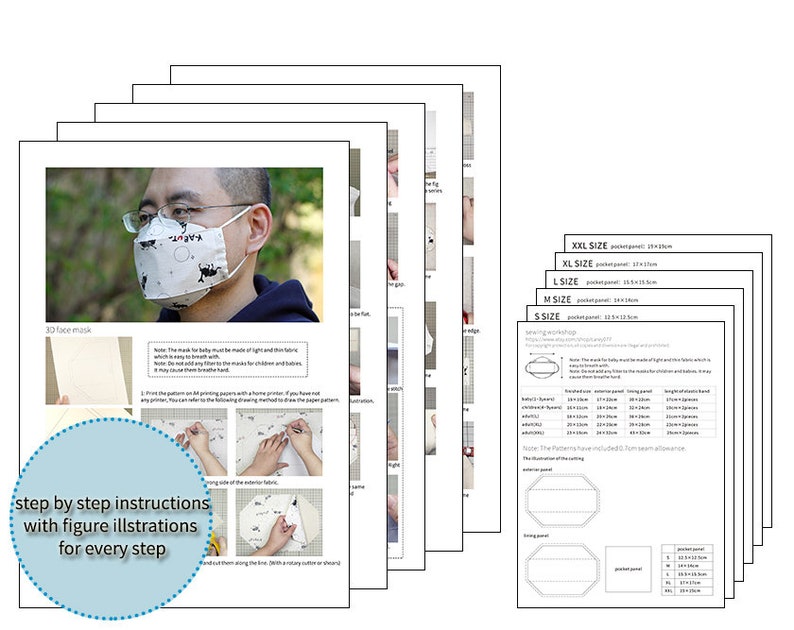 PDF Tutorial and Pattern of 3D Boat-shaped face maskKeep glasses from fogging upEasy to makeFilter Pocket6 Sizes for Children and Adults image 2