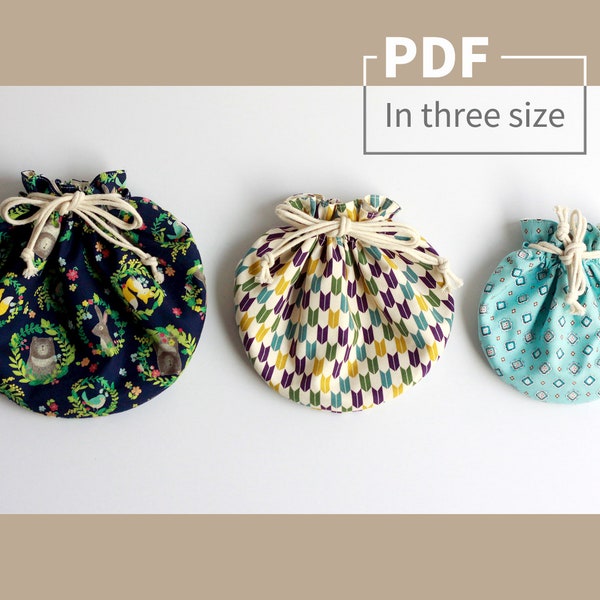 PDF tutorial of Full Moon Drawstring Bag; Super easy for Beginners; Step-by-step instruction; 4 finished sizes