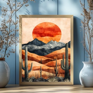 Boho Desert Sunset Print: Cactus Landscape Wall Art (Digital Download)
