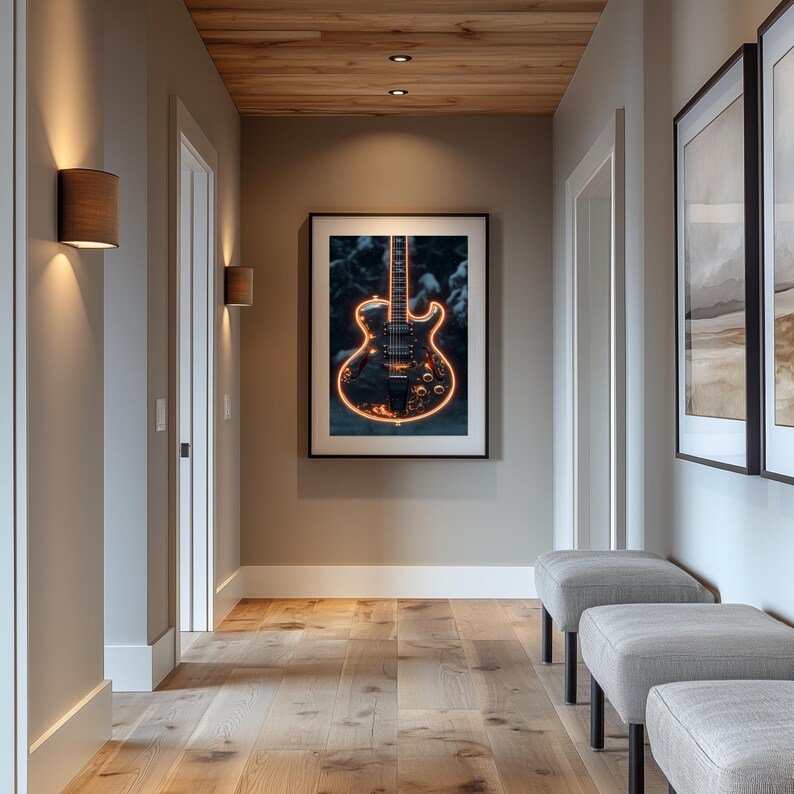 Electric Guitar Wall Art With Neon Lights Printable Digital Guitar Wall
