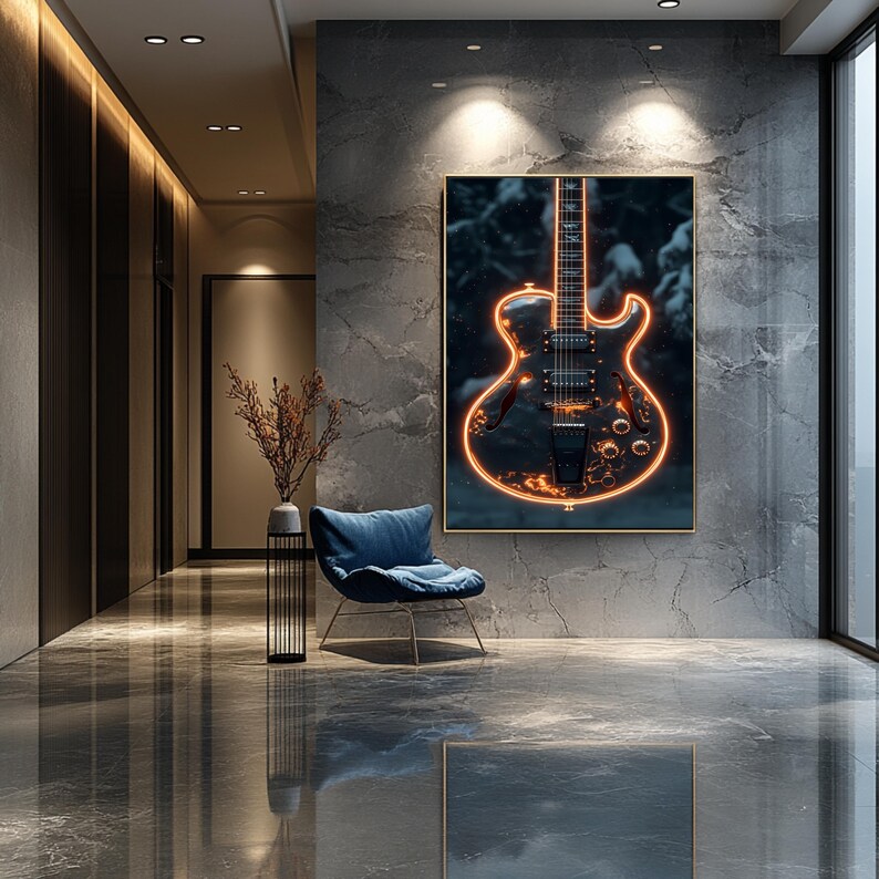 Electric Guitar Wall Art With Neon Lights Printable Digital Guitar Wall