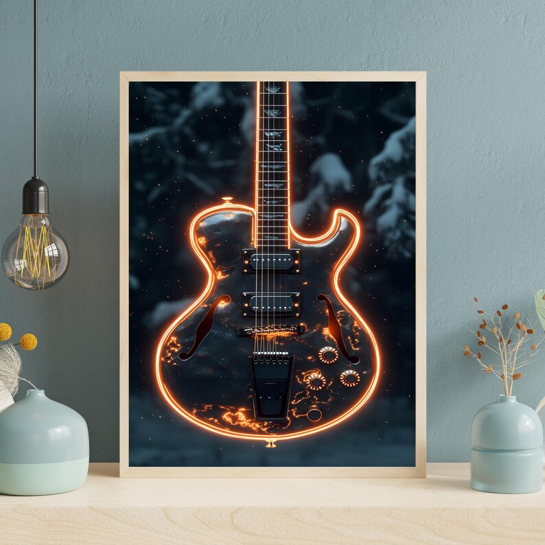 Electric Guitar Wall Art With Neon Lights Printable Digital Guitar Wall