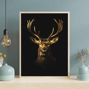 Gold Deer Print: Majestic Stag, Minimalist Wildlife (Digital Download)