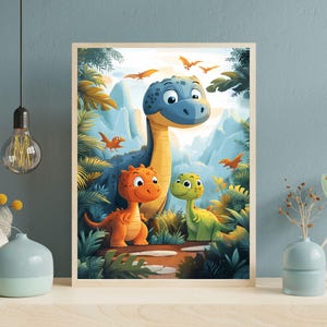 Friendly Dinosaur Art, Cute Dino Family Print, Kids Room Wall Art, Nursery Decor, Dinosaur Poster, Dinosaur Lovers, Children&#39;s Room Decor