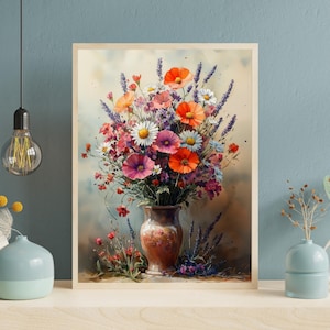 Arte mural floral en acuarela, impresión de ramo de flores vintage, impresión artística de ramo de flores silvestres, póster floral en acuarela, póster de jarrón colorido
