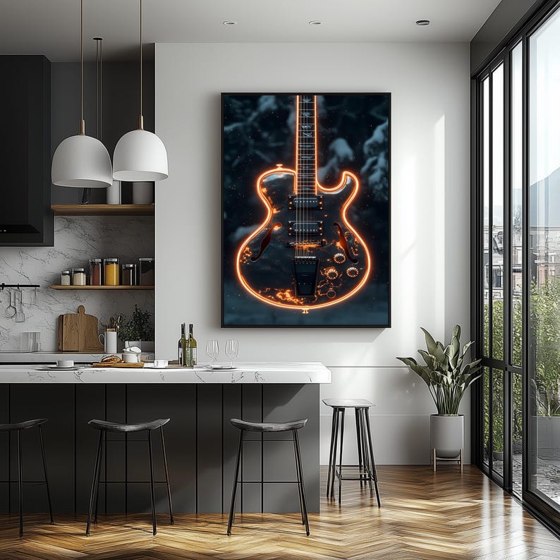 Electric Guitar Wall Art With Neon Lights Printable Digital Guitar Wall