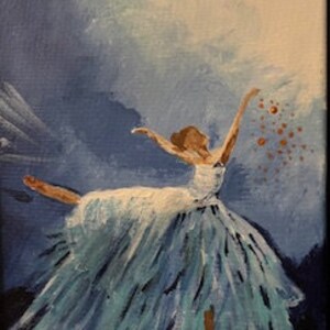 May include: A painting of a ballerina in a white dress with a blue skirt, dancing against a blue and white background. The ballerina is reaching up with her right arm, and her left leg is extended behind her. Red dots are scattered around her.