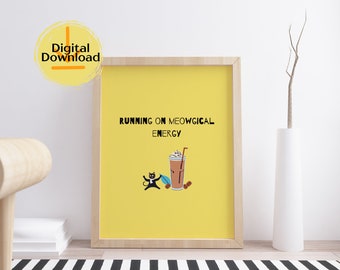 Arte de pared divertido de gato negro para amantes del café, amantes de las mascotas, cafeterías, diseño de cocina, decoración del hogar, amantes de los gatos, amantes de los gatos, ingenioso, arte digital, decoración de dormitorios