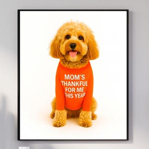 May include: A framed print featuring a golden doodle wearing an orange shirt with the text "MOM'S THANKFUL FOR ME THIS YEAR" in white. The dog is sitting in front of a white background.