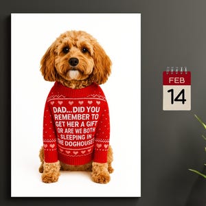 Peut inclure: Un Cavalier King Charles Spaniel porte un pull rouge avec le texte blanc "DAD... DID YOU REMEMBER TO GET HER A GIFT OR ARE WE BOTH SLEEPING IN THE DOGHOUSE ?" Un calendrier indique le 14 février.