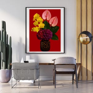 Art mural de bureau féminin, impression florale d'orchidée anthurium hortensia, affiche de vase botanique élégant, décoration d'espace de travail chic, téléchargement numérique.
