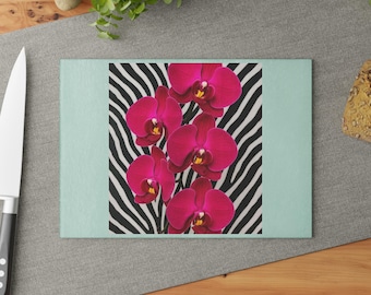 Magenta Orchid Glass Cutting Board, Zebra Print Cutting Board, Maximalist Kitchen Decor, Floral Glass Board, Housewarming Gift for Her