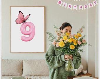 9th Birthday Gift, Ninth Birthday Decor, 9th Birthday Wall Art, 9th Anniversary Gift, Nine Year Anniversary, Birthday Decorations
