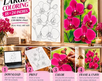 Adult Coloring Poster 18x24", Magenta Orchid Wall Art, Botanical Wall Art, Girls Night Activity, Printable DIY Wall Art, Digital Download