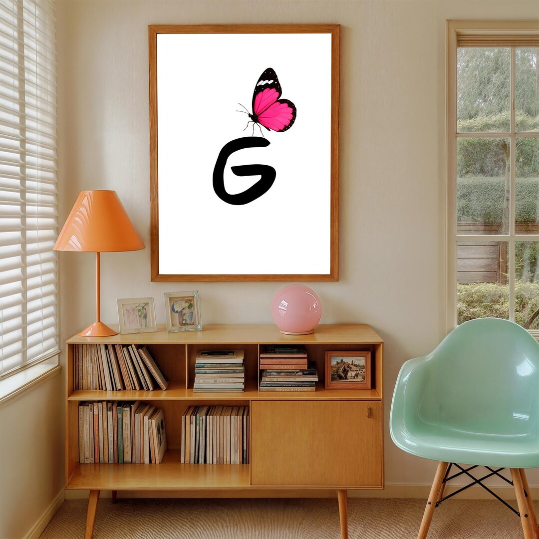 Pink Butterfly Letter G Wall Art, Minimalist Monogram Print, Nursery ...