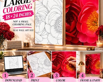 Floral Coloring Poster 18x24, Adult Coloring Wall Art, Peony Coloring Page, DIY Wall Art, Girls Night Activity, Botanical Gift For Her