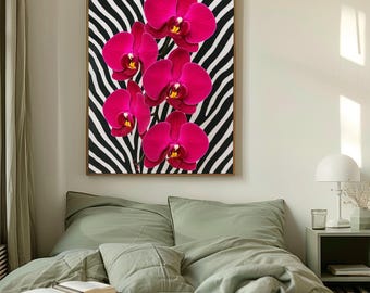 Magenta Orchid Wall Art, Safari Aesthetic Decor, Botanical Poster, Glam Floral Wall Art, Bold Modern Art, Orchid Photography, Zebra Wall Art
