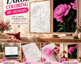 Adult Peony Print Coloring Poster 18x24", Floral Wall Art, Botanical Wall Art, Girls Night Activity, Printable DIY Wall Art Digital Download