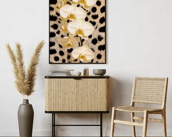 White Orchid Wall Art Print, Leopard Wall Art, Luxury Botanical Printable, Glam Safari Chic Home Decor, Modern Floral Digital Download.