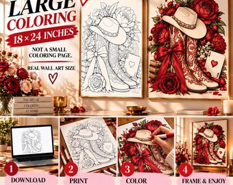 Cowgirl Coloring Wall Art 18x24", Western Coloring Poster, Girls Night Activity, Printable Digital Download, DIY Wall Art, Western Decor
