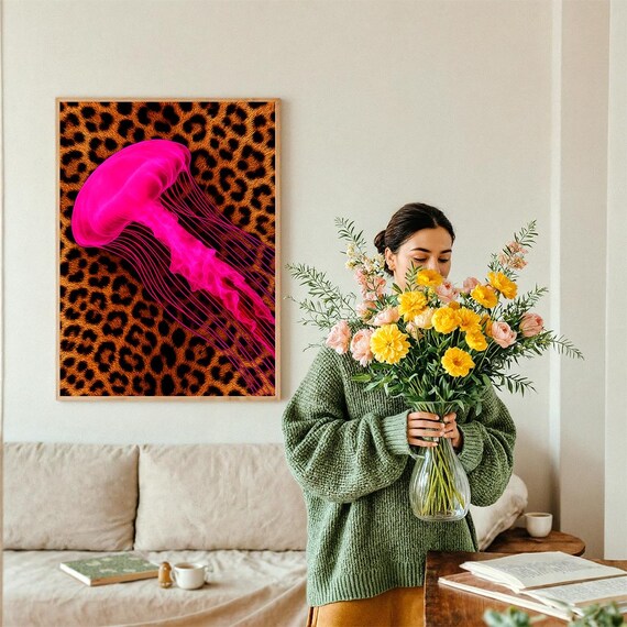 Pink Jellyfish Wall Art, Leopard Print Glam Decor, Fashion Digital Download, Safari Chic Poster, Unique Christmas Gift for Her Wall Art.