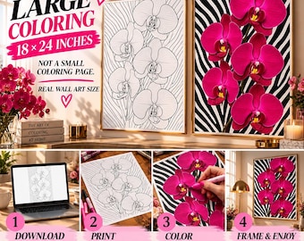Adult Coloring Poster 18x24", Magenta Orchid Wall Art, Botanical Wall Art, Girls Night Activity, Printable DIY Wall Art, Digital Download
