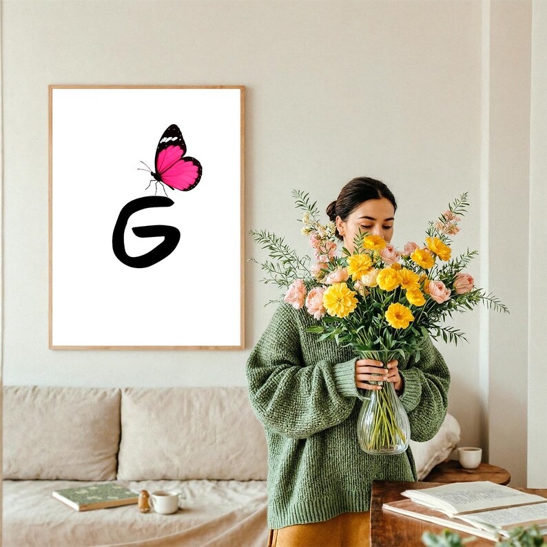 Pink Butterfly Letter G Wall Art, Minimalist Monogram Print, Nursery ...