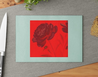 Red Floral Glass Cutting Board, Peony Cutting Board, Tempered Glass Board, Red Kitchen Decor, Housewarming Gift, Kitchen Gift for Her