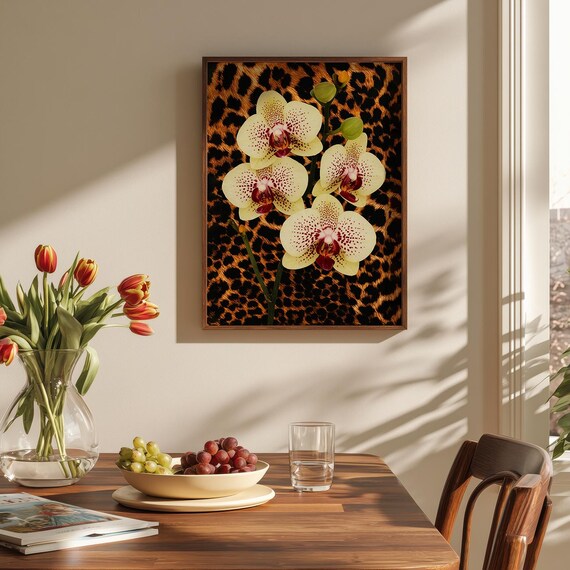 Leopard Orchid Wall Art Printable, Leopard Aesthetic, Bold Jungle Decor, Glam Botanical Digital Download, Leopard Poster, Orchid Wall Art.