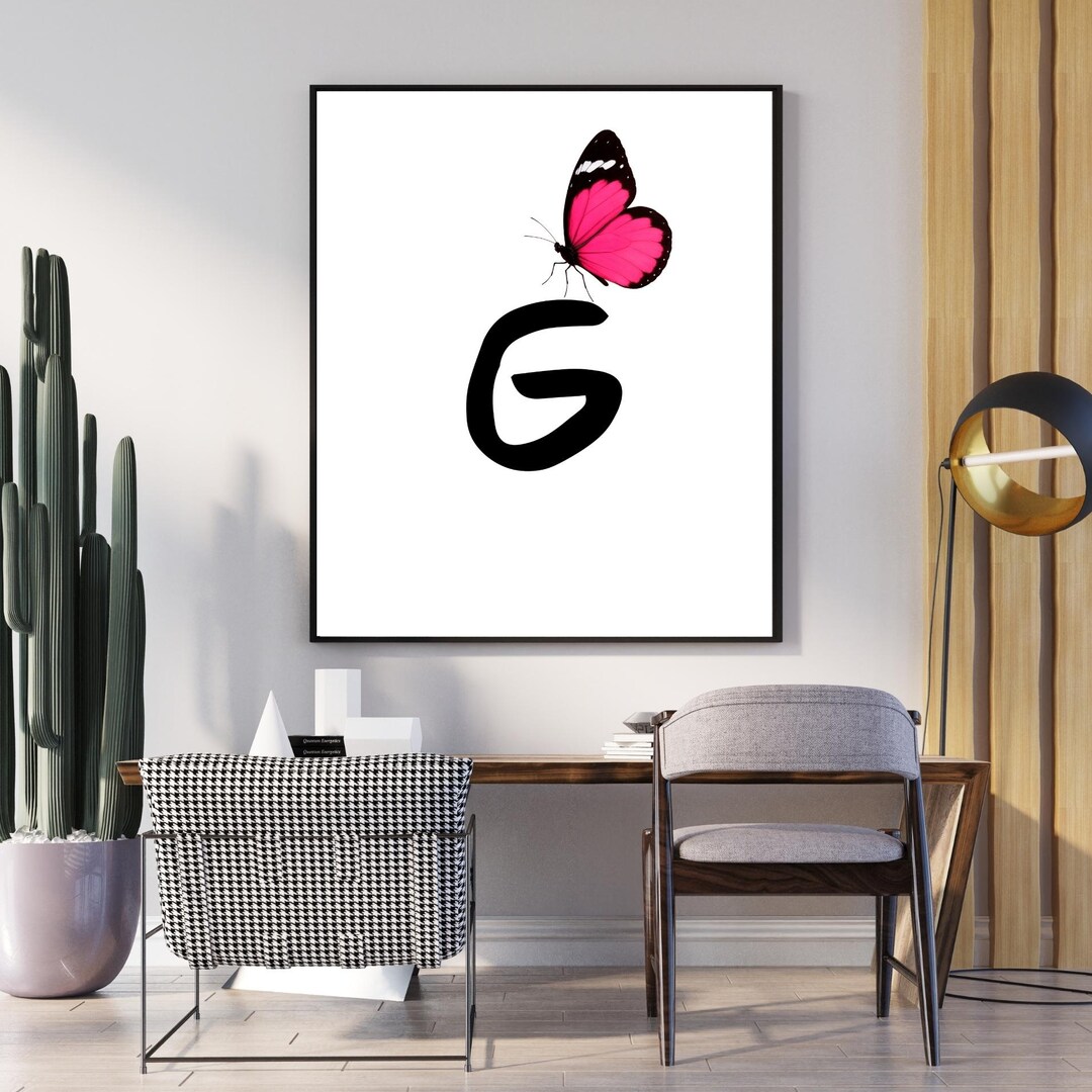 Pink Butterfly Letter G Wall Art, Minimalist Monogram Print, Nursery ...
