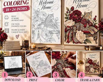 Leopard Coloring Poster 18x24, Welcome Home Wall Art, Adult Coloring Poster, DIY Wall Art, Housewarming Gift, Printable Home Decor