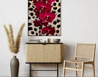 Burgundy Orchid Wall Art, Cheetah Print Botanical Decor, Glam Jungle Digital Download, Floral Wall Art, Safari Chic Poster, Fashion Print.