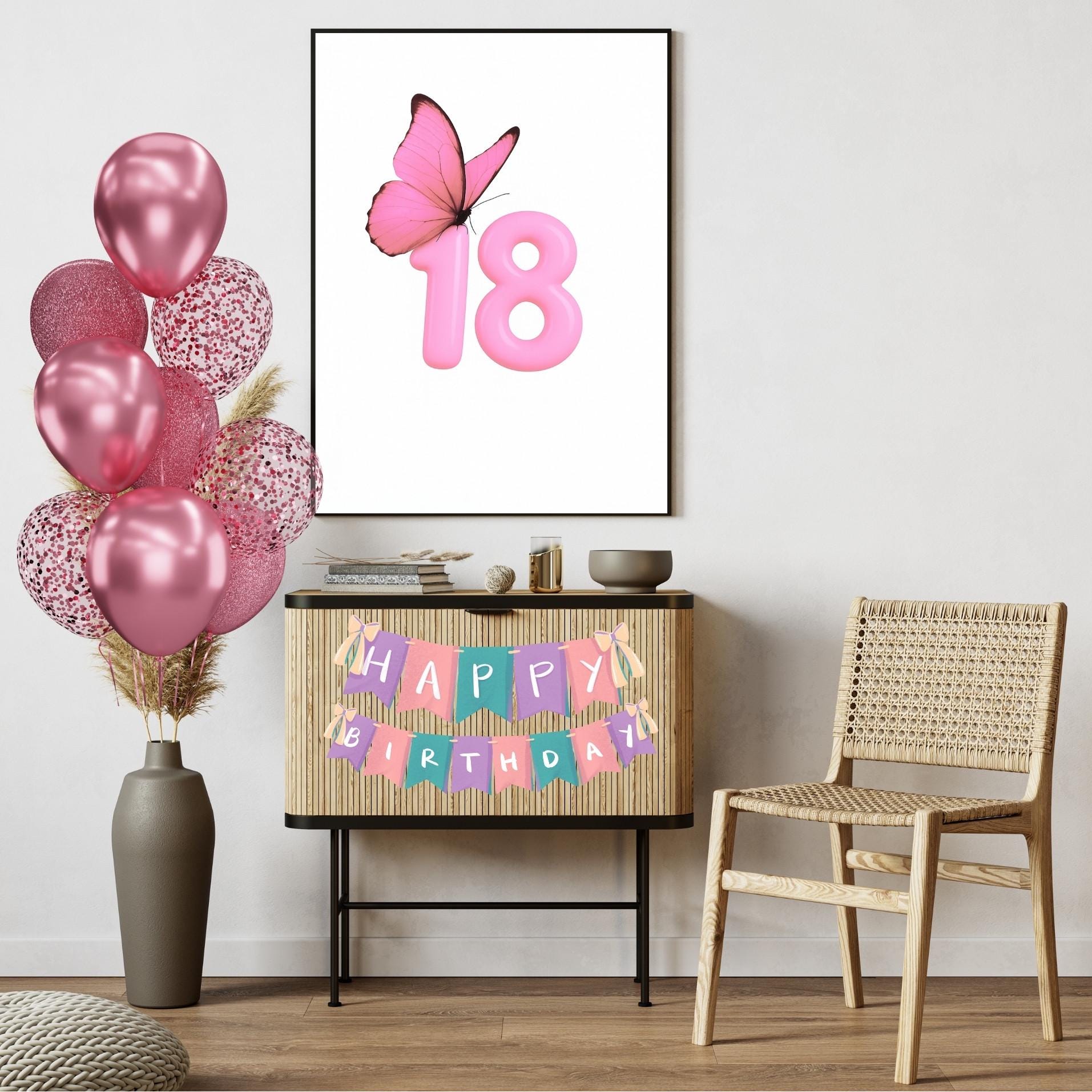 18th Birthday Balloon Wall Art, Pink Printable Decor for Teen Girl ...