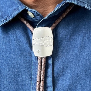 Custom Mountain Bolo Tie, Cowboy Tie, Wedding Bolo, Silver Bolo Tie, Custom Wedding Bolo with leather cord and tip, Western Bolo Tie