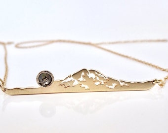 Rainier Glacier Necklace, Custom Mountain Pendant, Gold Bar Mountain Necklace, Mountain Necklace with Diamond, Mountain Necklace for Women