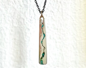 Skinny Mountain Tag Necklace, Stone Inlay Diamond Necklace, Turquoise & Diamond Bar Necklace, Turquoise Inlay Pendant, Mountain Jewelry