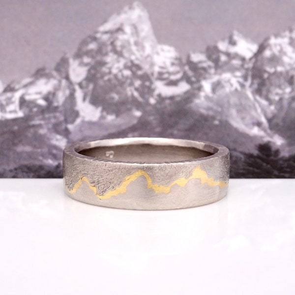 Gold Inlay Teton Mountain Ring, 8mm band, Mountain Wedding Ring, Platinum Wedding Band, Kintsugi Weding Band, Kintsugi Jewelry