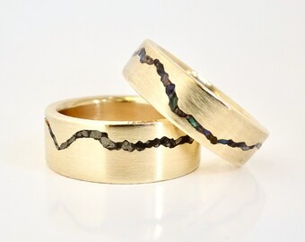 Gemstone Inlay Mountain Wedding Ring Set, 6mm & 8mm Matching Bands, Matching Anniversary Rings, Alternative Wedding Bands