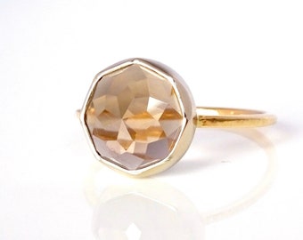 Smoky Quartz 14k Gold Stacking Ring: Dahlia Facet Gemstone