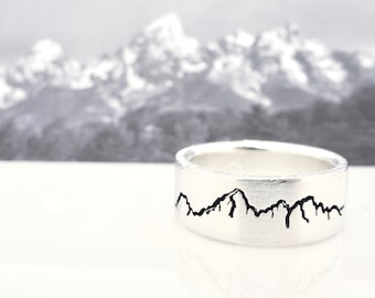 Teton Landscape Mountain Ring, Handmade Mountain Wedding Ring, Teton Wedding Ring, Gold Mountain Ring Mens, Gold Mountain Ring Women