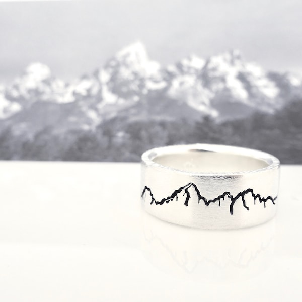 Teton Landscape Mountain Ring, Handmade Mountain Wedding Ring, Teton Wedding Ring, Gold Mountain Ring Mens, Gold Mountain Ring Women