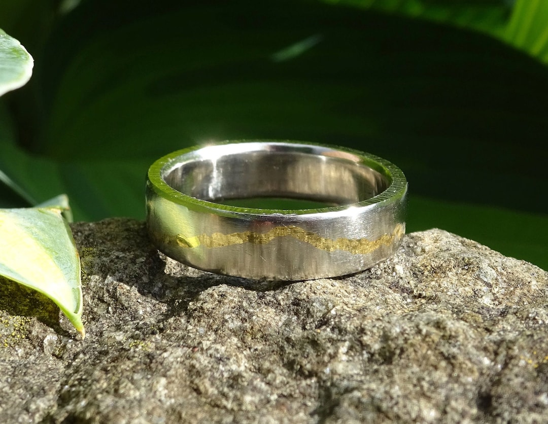 Gold Inlay Mountain Ring Kintsugi Wedding Band Anniversary Jewelry