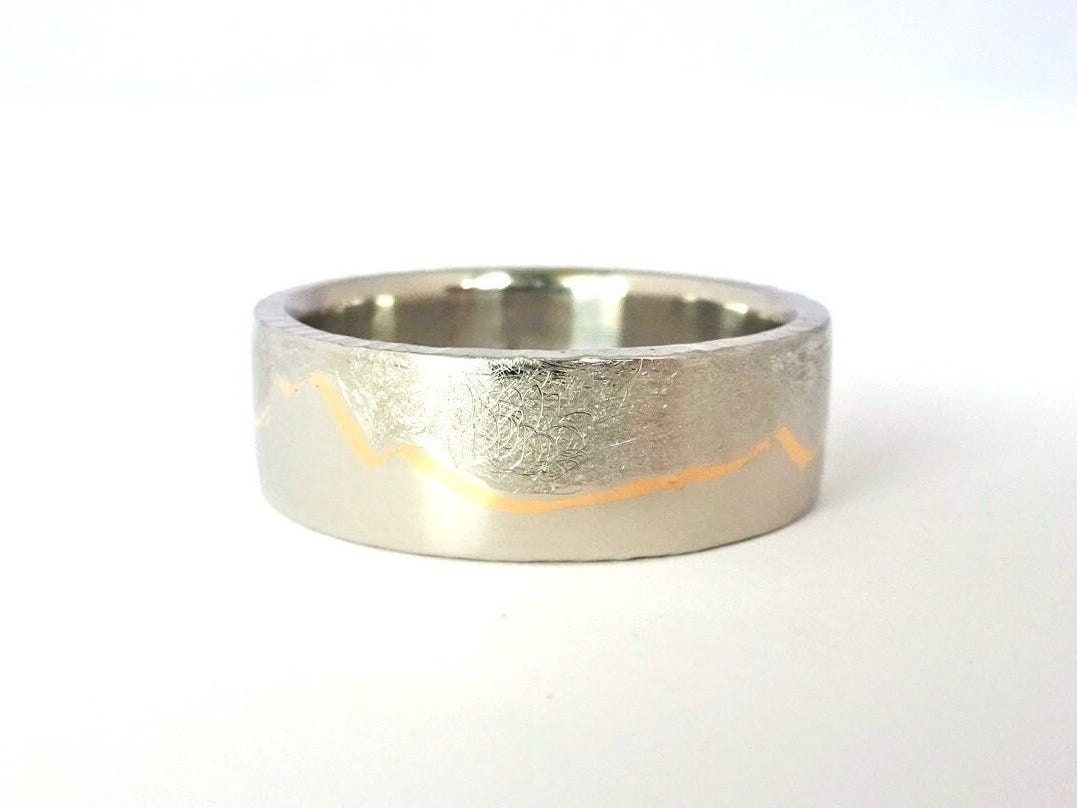 Gold Inlay Mountain Ring Kintsugi Wedding Band Anniversary Jewelry