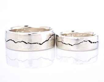 Modern Mountain Ring Set, 8mm & 6mm Matching Wedding Bands, Custom Mountain Ring Set, Mountain Band Set, Gold Wedding Rings, Couples Rings