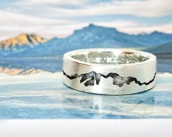 Summit Inlay Mountain Ring, 8mm Custom Mountain Band, Mens Mountain Ring, Womens Mountain Ring, Mountain Range Ring Platinum, Mountain Ring