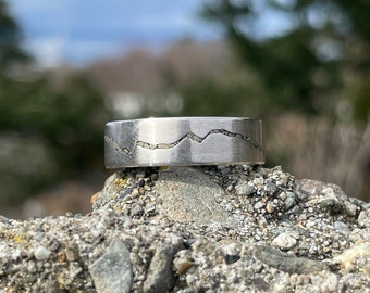 Palladium Wedding Ring, Mountain Inlay Ring, Pyrite & Black Spinnel Inlay Palladium Ring, Mountain Range Ring, Ready Made Wedding Band