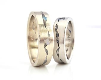 Inlayed Glacier Wedding Ring Set, 6mm Wedding Ring Set, Stone Inlay Wedding Rings, Matching Inlay Rings, Gemstone Anniversary Bands